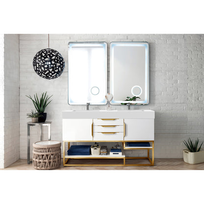 James Martin Vanities Columbia 59" Glossy White and Radiant Gold Double Vanity With Glossy White Composite Stone Top