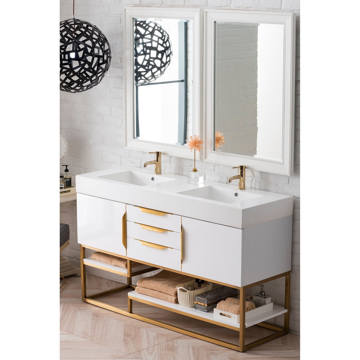 James Martin Vanities Columbia 59" Glossy White and Radiant Gold Double Vanity With Glossy White Composite Stone Top