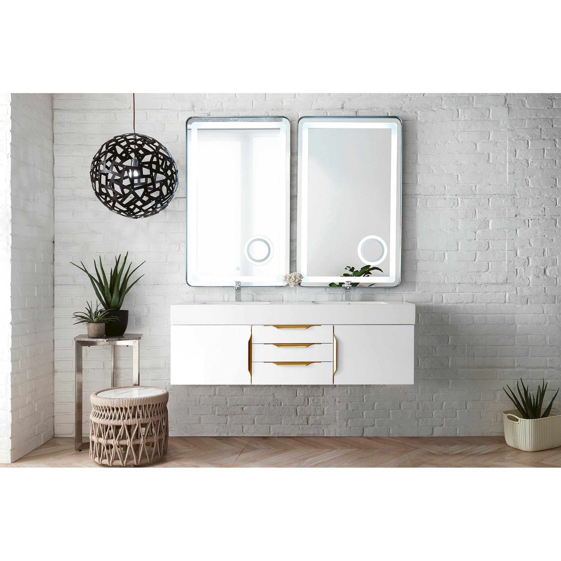 James Martin Vanities Columbia 59" Glossy White and Radiant Gold Double Wall Mount Vanity With Glossy White Composite Stone Top