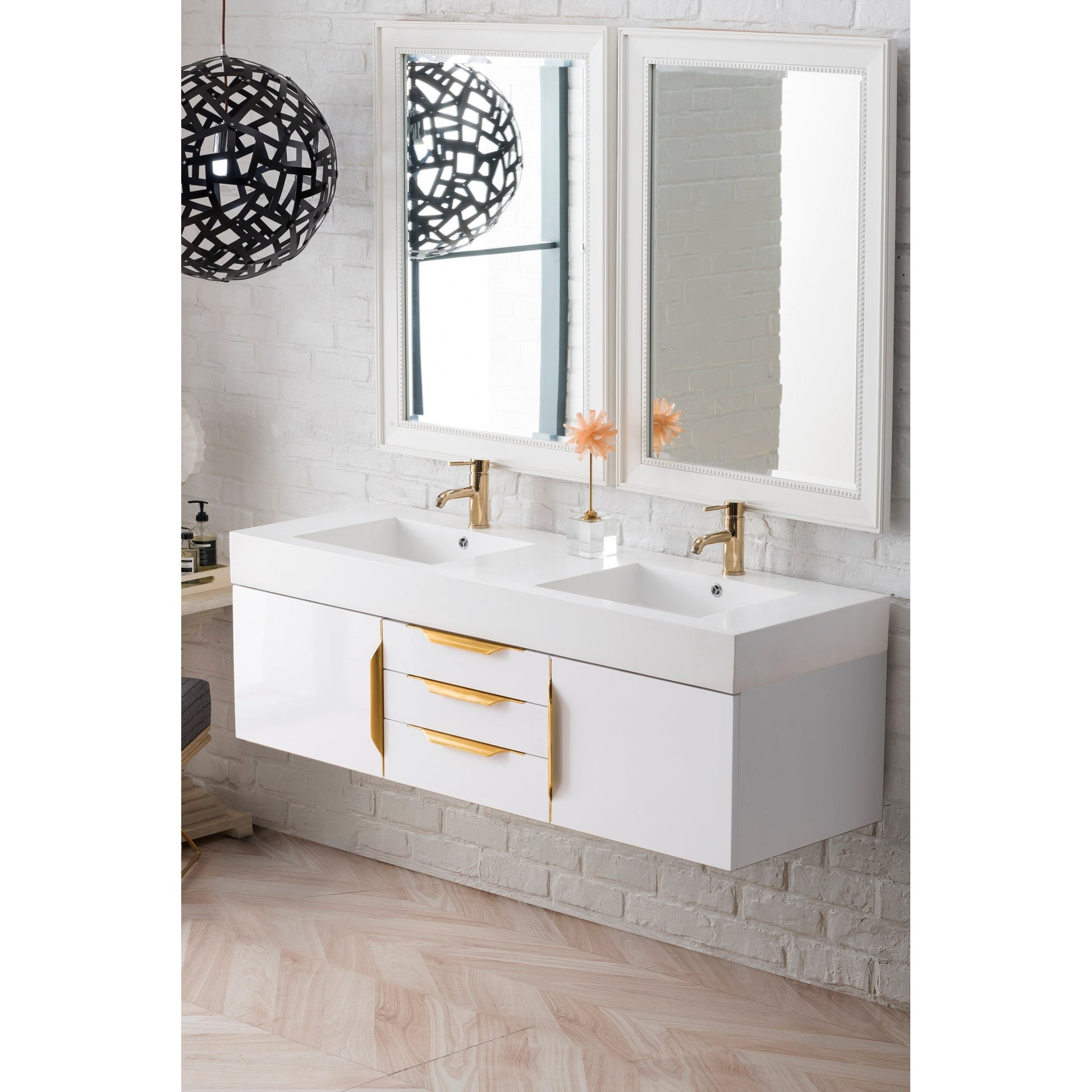 James Martin Vanities Columbia 59" Glossy White and Radiant Gold Double Wall Mount Vanity With Glossy White Composite Stone Top