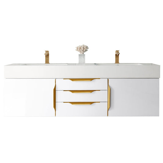 James Martin Vanities Columbia 59" Glossy White and Radiant Gold Double Wall Mount Vanity With Glossy White Composite Stone Top