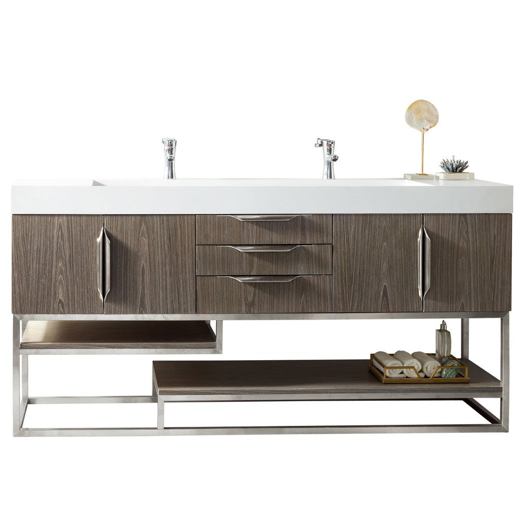 James Martin Vanities Columbia 72" Ash Gray and Brushed Nickel Double Vanity With Glossy White Composite Stone Top