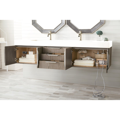 James Martin Vanities Columbia 72" Ash Gray and Brushed Nickel Double Wall Mount Vanity With Glossy White Composite Stone Top