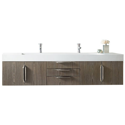 James Martin Vanities Columbia 72" Ash Gray and Brushed Nickel Double Wall Mount Vanity With Glossy White Composite Stone Top