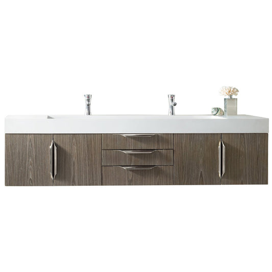 James Martin Vanities Columbia 72" Ash Gray and Brushed Nickel Double Wall Mount Vanity With Glossy White Composite Stone Top