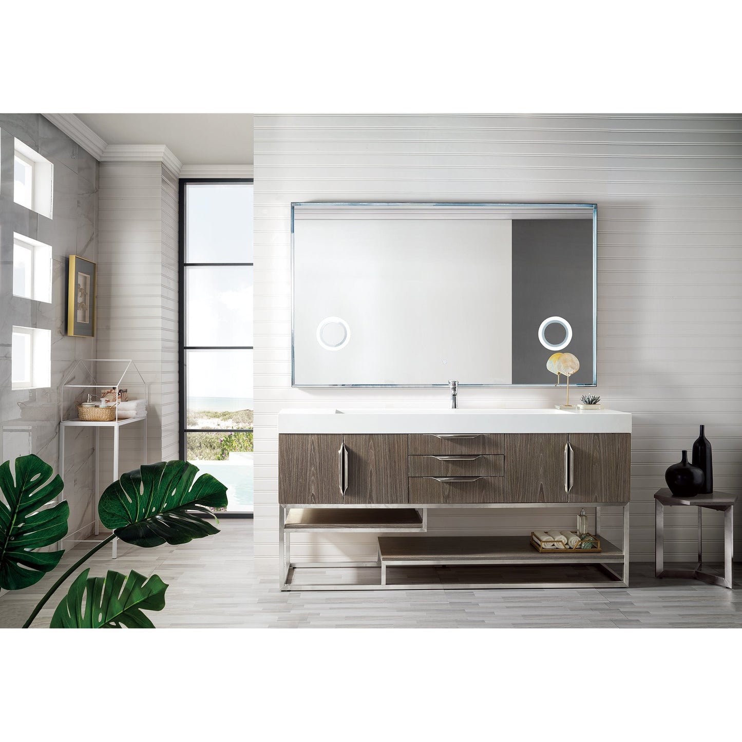 James Martin Vanities Columbia 72" Ash Gray and Brushed Nickel Single Vanity With Glossy White Composite Stone Top