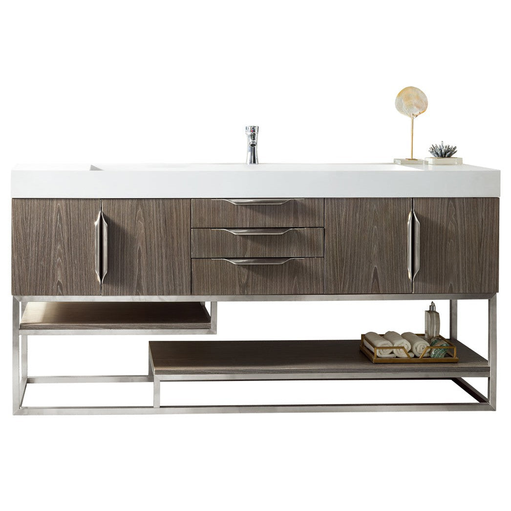 James Martin Vanities Columbia 72" Ash Gray and Brushed Nickel Single Vanity With Glossy White Composite Stone Top