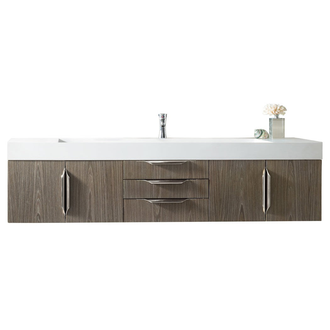 James Martin Vanities Columbia 72" Ash Gray and Brushed Nickel Single Wall Mount Vanity With Glossy White Composite Stone Top