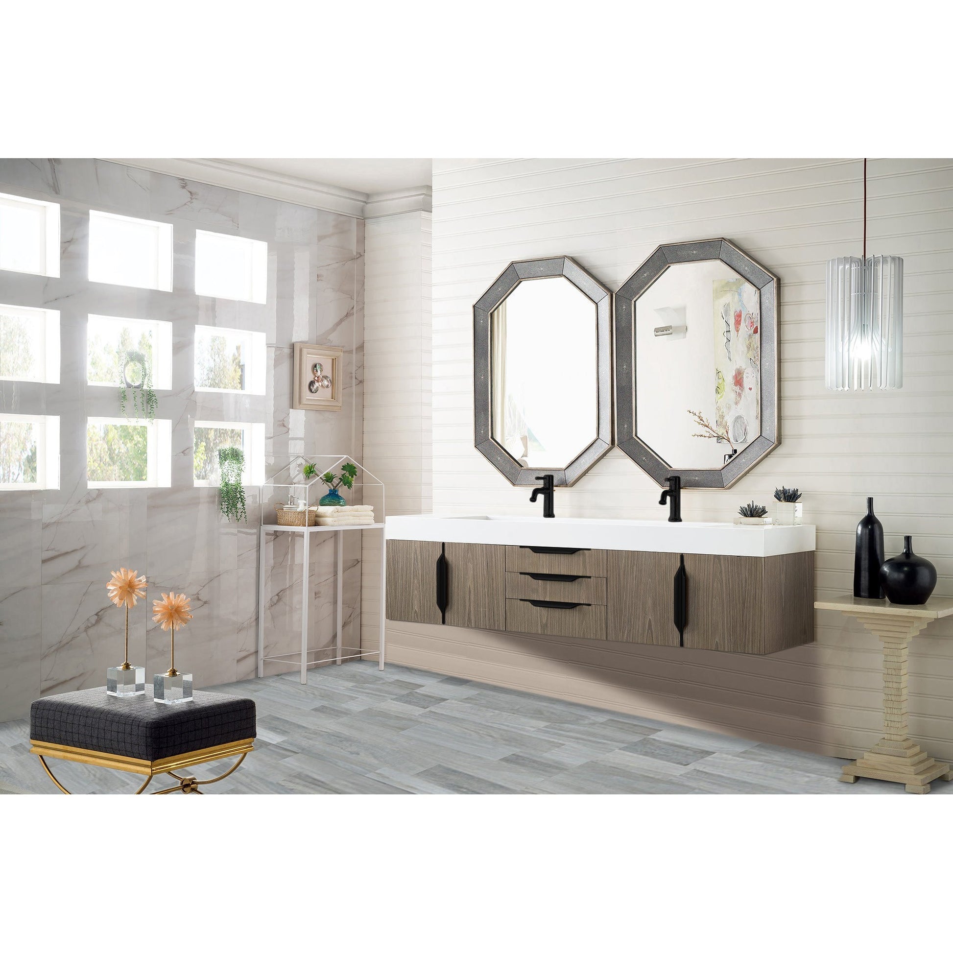 James Martin Vanities Columbia 72" Ash Gray and Matte Black Double Wall Mount Vanity With Glossy White Composite Stone Top