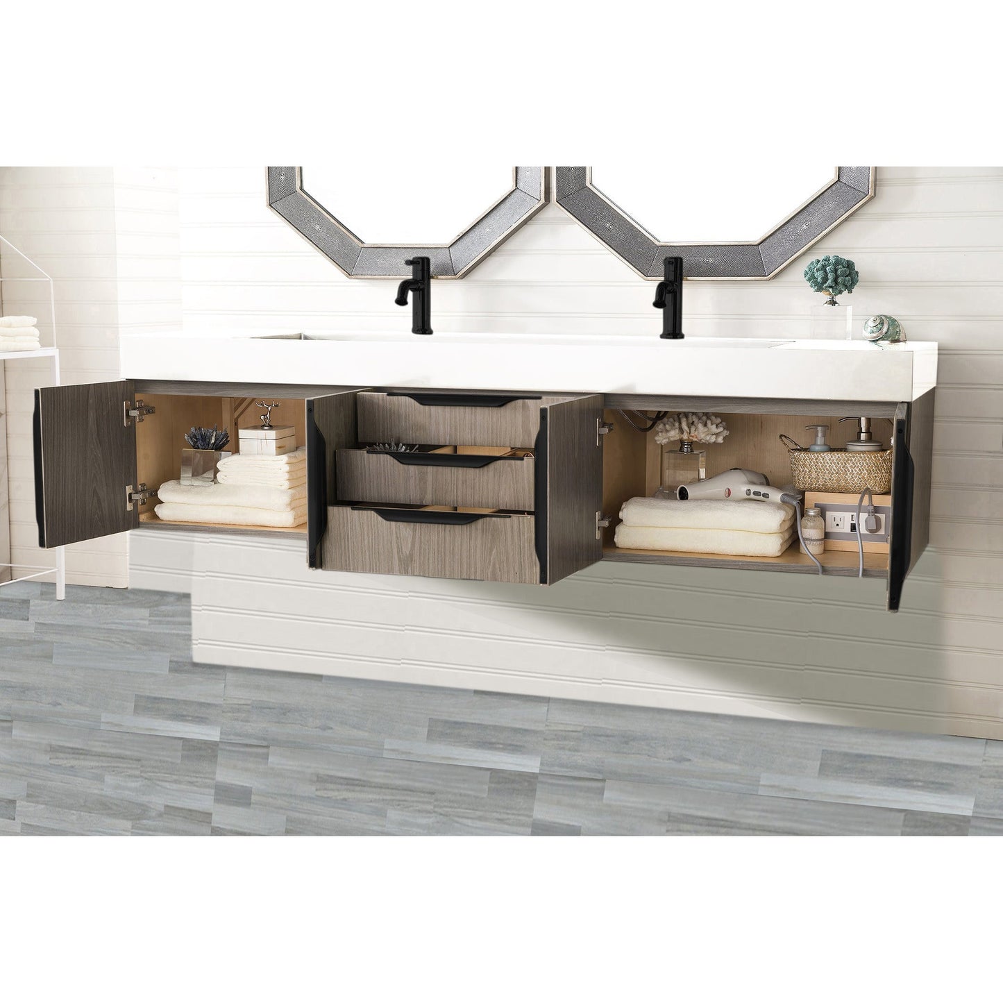 James Martin Vanities Columbia 72" Ash Gray and Matte Black Double Wall Mount Vanity With Glossy White Composite Stone Top