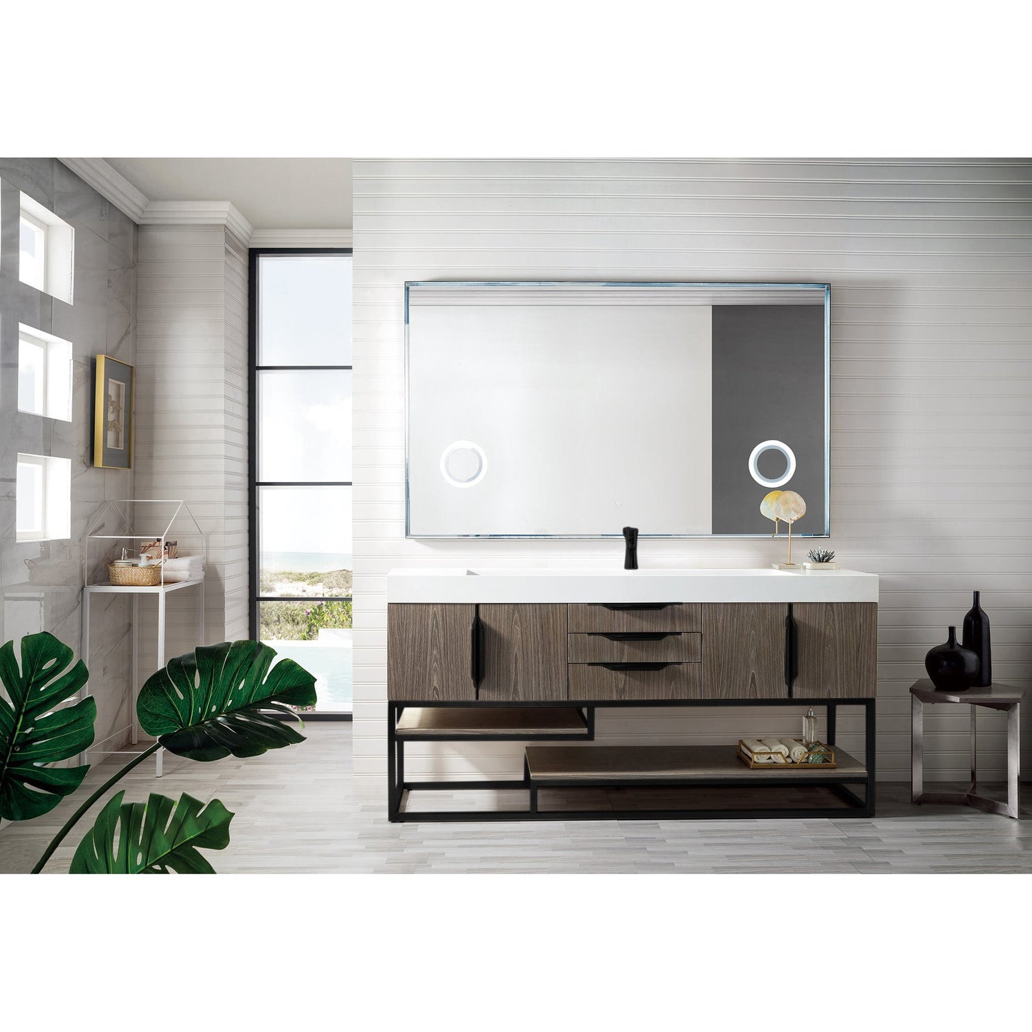 James Martin Vanities Columbia 72" Ash Gray and Matte Black Single Vanity With Glossy White Composite Stone Top