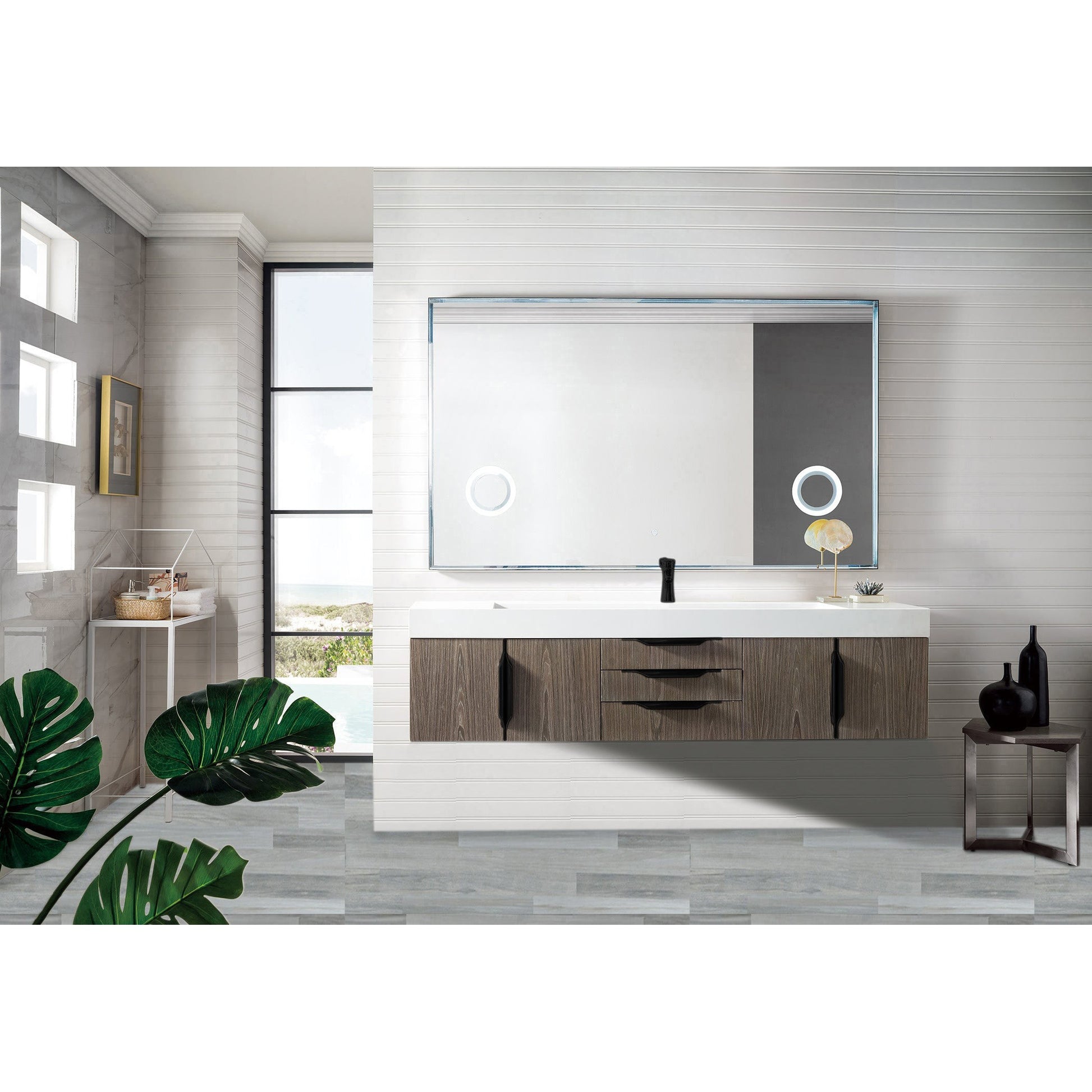 James Martin Vanities Columbia 72" Ash Gray and Matte Black Single Wall Mount Vanity With Glossy White Composite Stone Top