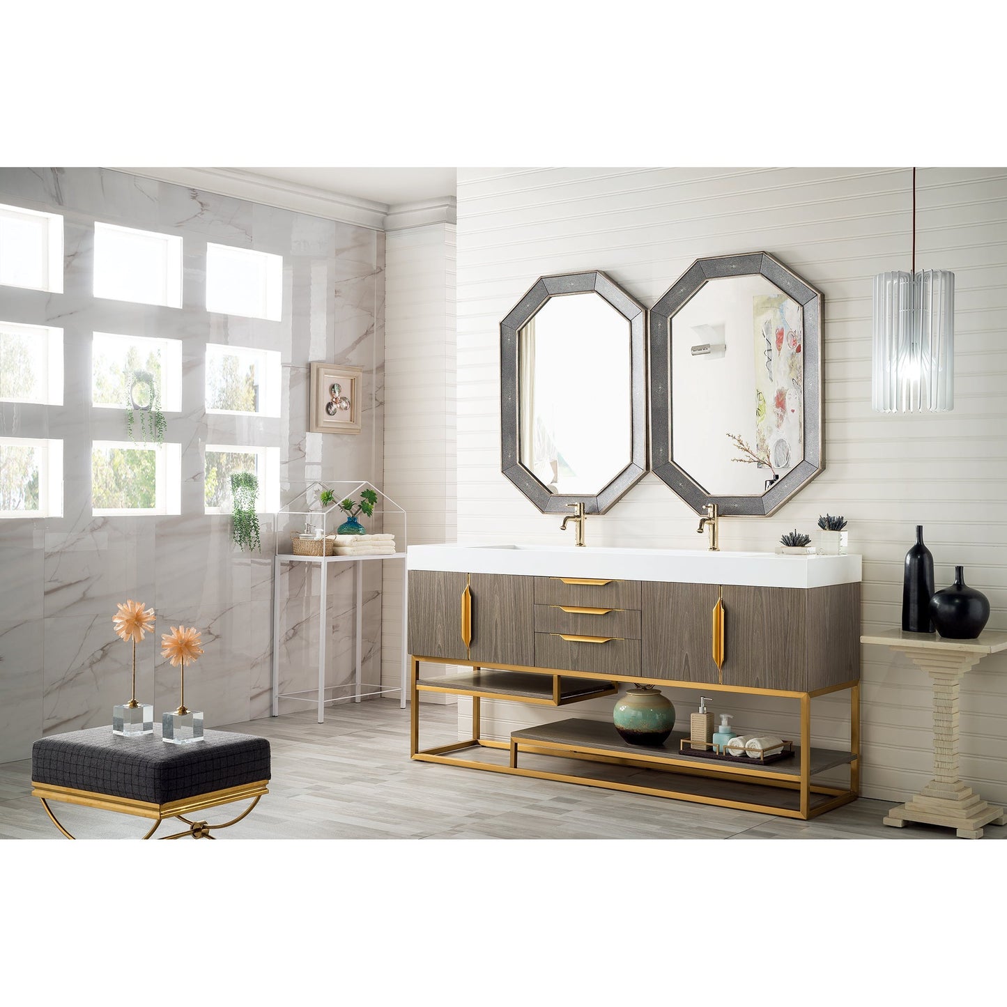 James Martin Vanities Columbia 72" Ash Gray and Radiant Gold Double Vanity With Glossy White Composite Stone Top