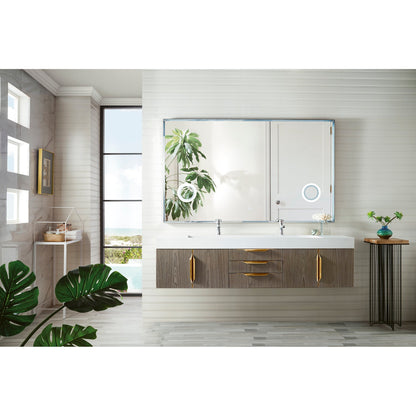 James Martin Vanities Columbia 72" Ash Gray and Radiant Gold Double Wall Mount Vanity With Glossy White Composite Stone Top