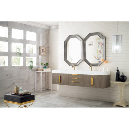 James Martin Vanities Columbia 72" Ash Gray and Radiant Gold Double Wall Mount Vanity With Glossy White Composite Stone Top