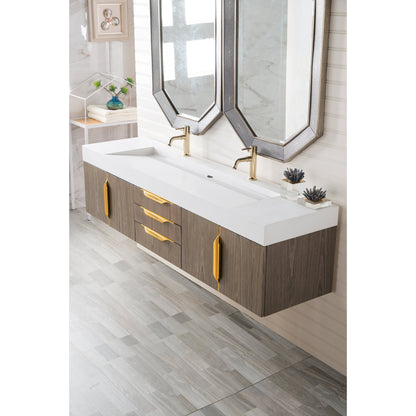 James Martin Vanities Columbia 72" Ash Gray and Radiant Gold Double Wall Mount Vanity With Glossy White Composite Stone Top