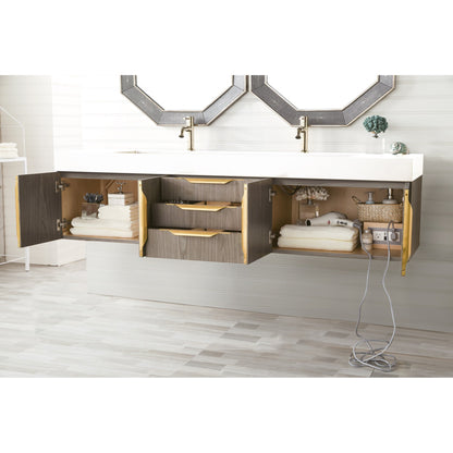 James Martin Vanities Columbia 72" Ash Gray and Radiant Gold Double Wall Mount Vanity With Glossy White Composite Stone Top