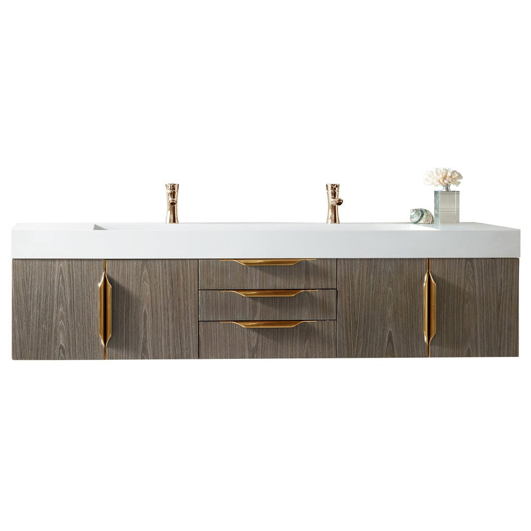 James Martin Vanities Columbia 72" Ash Gray and Radiant Gold Double Wall Mount Vanity With Glossy White Composite Stone Top