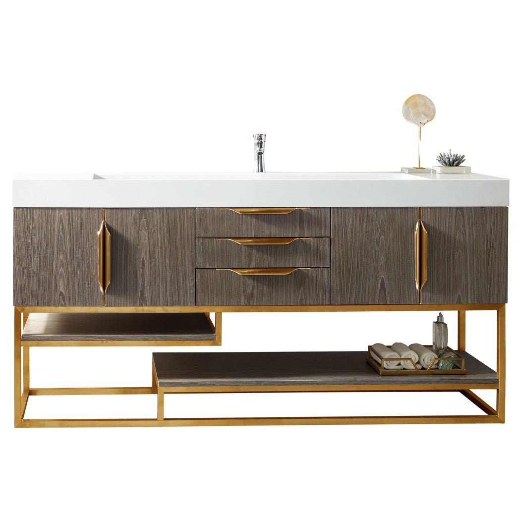 James Martin Vanities Columbia 72" Ash Gray and Radiant Gold Single Vanity With Glossy White Composite Stone Top