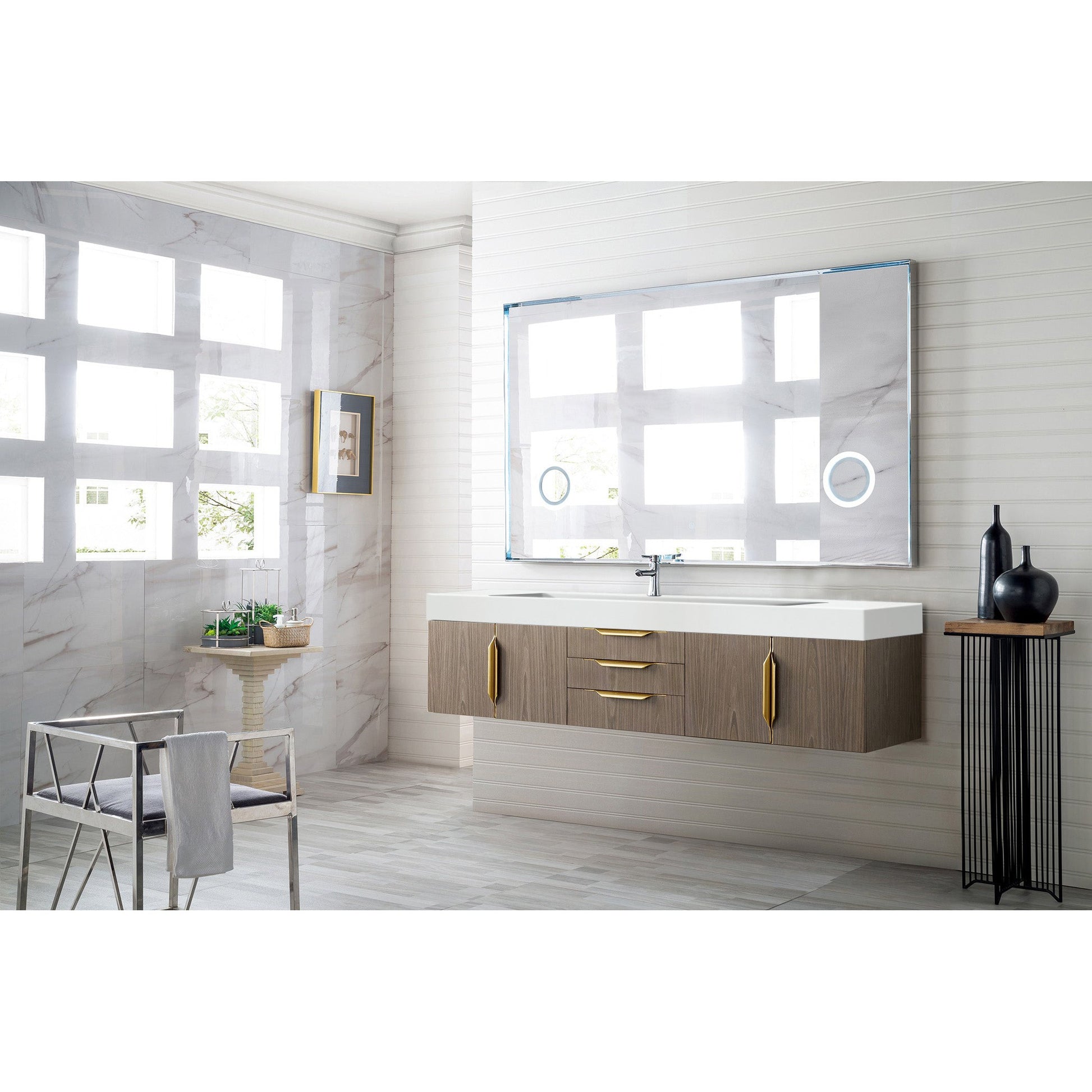 James Martin Vanities Columbia 72" Ash Gray and Radiant Gold Single Wall Mount Vanity With Glossy White Composite Stone Top