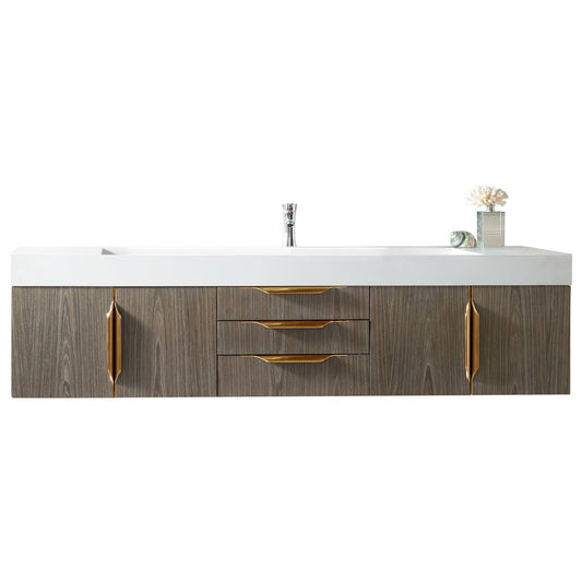 James Martin Vanities Columbia 72" Ash Gray and Radiant Gold Single Wall Mount Vanity With Glossy White Composite Stone Top