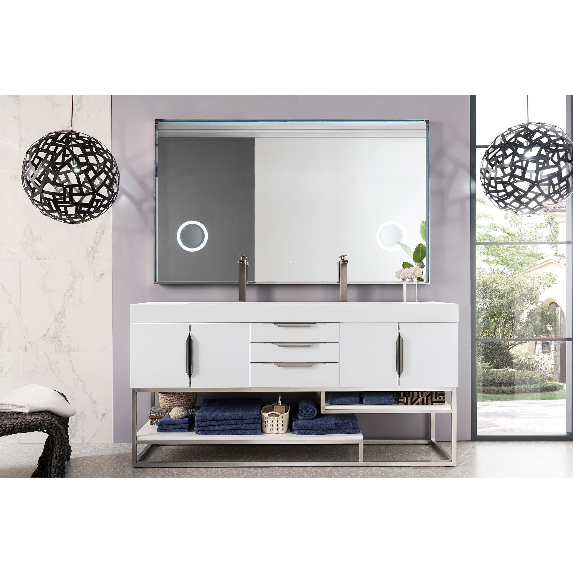 James Martin Vanities Columbia 72" Glossy White and Brushed Nickel Double Vanity With Glossy White Composite Stone Top