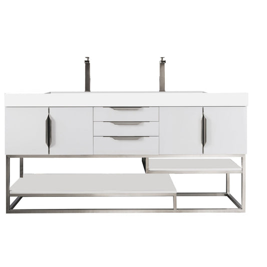 James Martin Vanities Columbia 72" Glossy White and Brushed Nickel Double Vanity With Glossy White Composite Stone Top