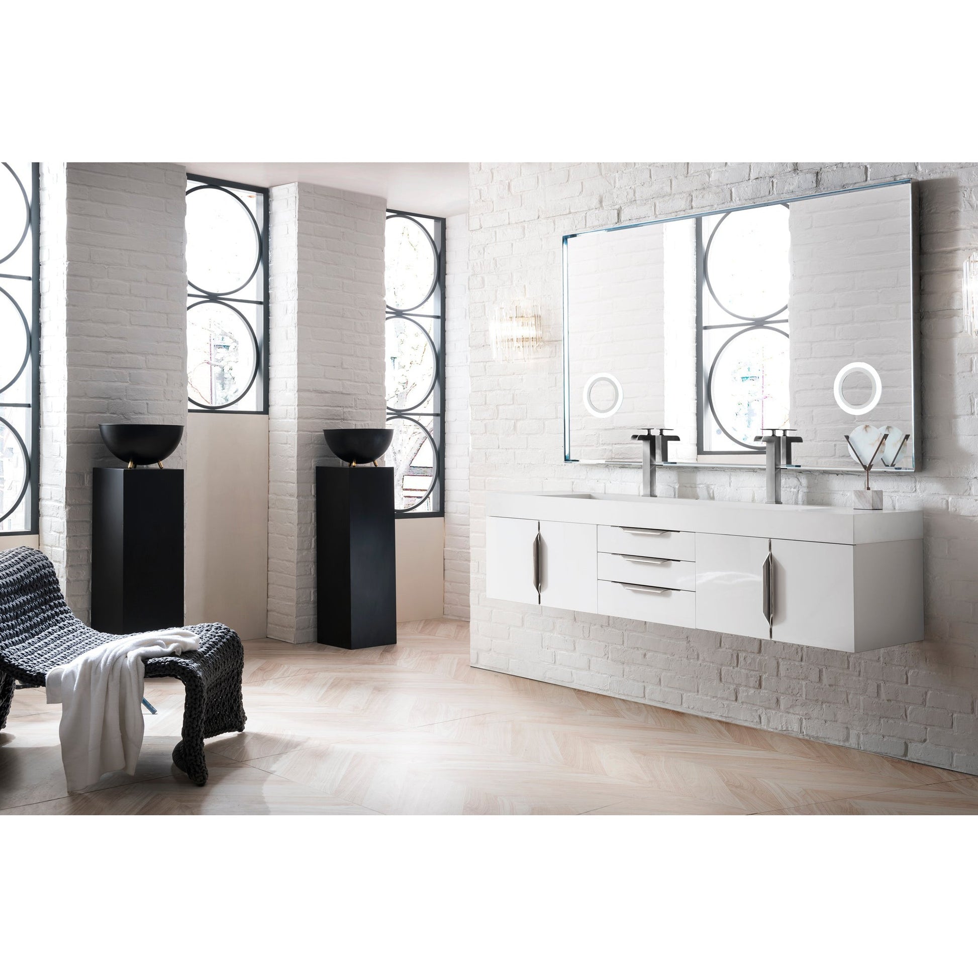 James Martin Vanities Columbia 72" Glossy White and Brushed Nickel Double Wall Mount Vanity With Glossy White Composite Stone Top