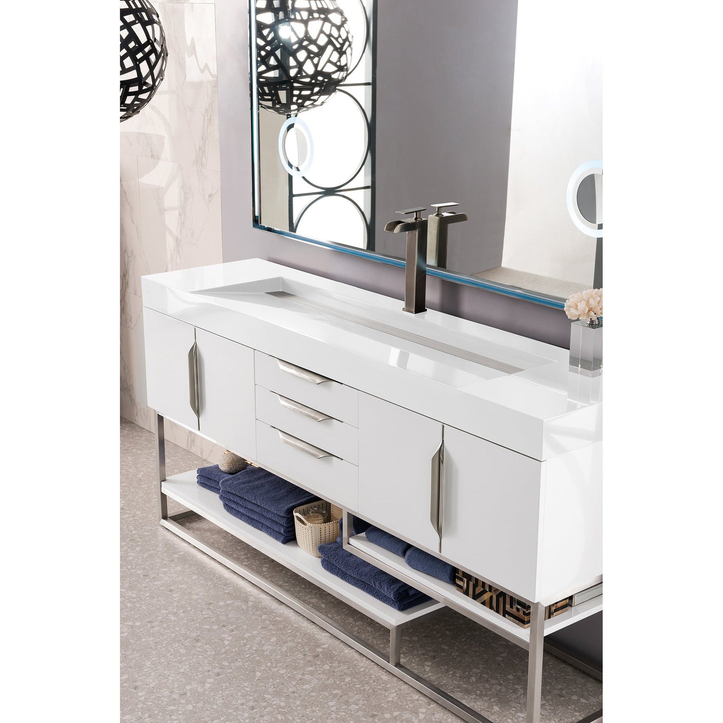 James Martin Vanities Columbia 72" Glossy White and Brushed Nickel Single Vanity With Glossy White Composite Stone Top