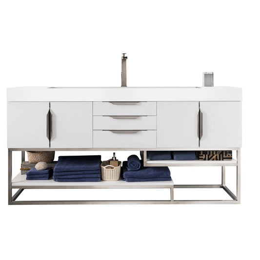 James Martin Vanities Columbia 72" Glossy White and Brushed Nickel Single Vanity With Glossy White Composite Stone Top