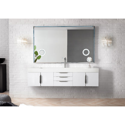 James Martin Vanities Columbia 72" Glossy White and Brushed Nickel Single Wall Mount Vanity With Glossy White Composite Stone Top