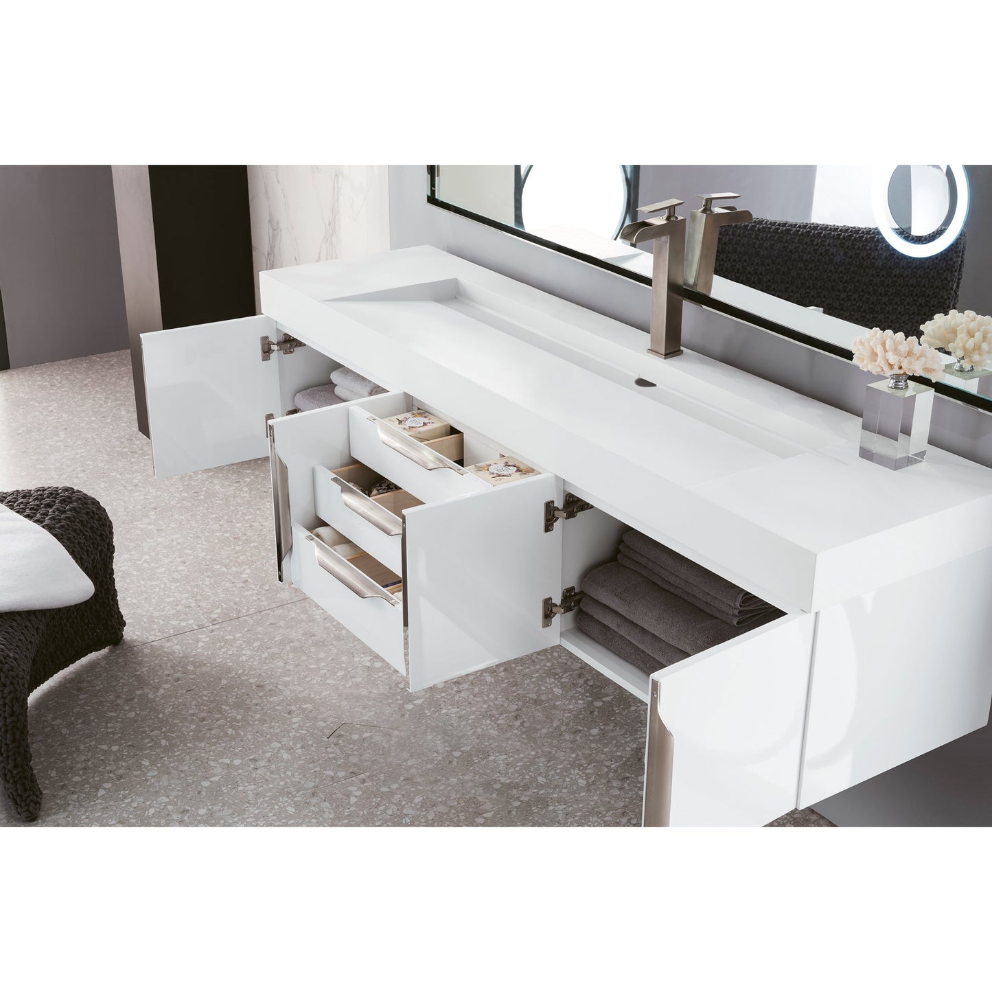 James Martin Vanities Columbia 72" Glossy White and Brushed Nickel Single Wall Mount Vanity With Glossy White Composite Stone Top