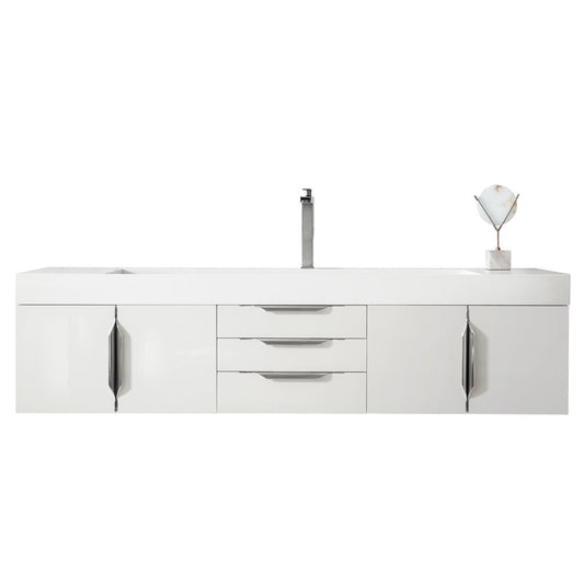 James Martin Vanities Columbia 72" Glossy White and Brushed Nickel Single Wall Mount Vanity With Glossy White Composite Stone Top