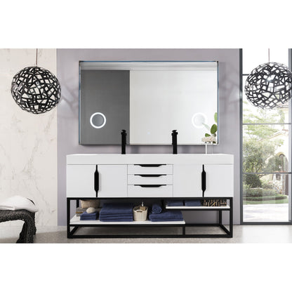 James Martin Vanities Columbia 72" Glossy White and Matte Black Double Vanity With Glossy White Composite Stone Top