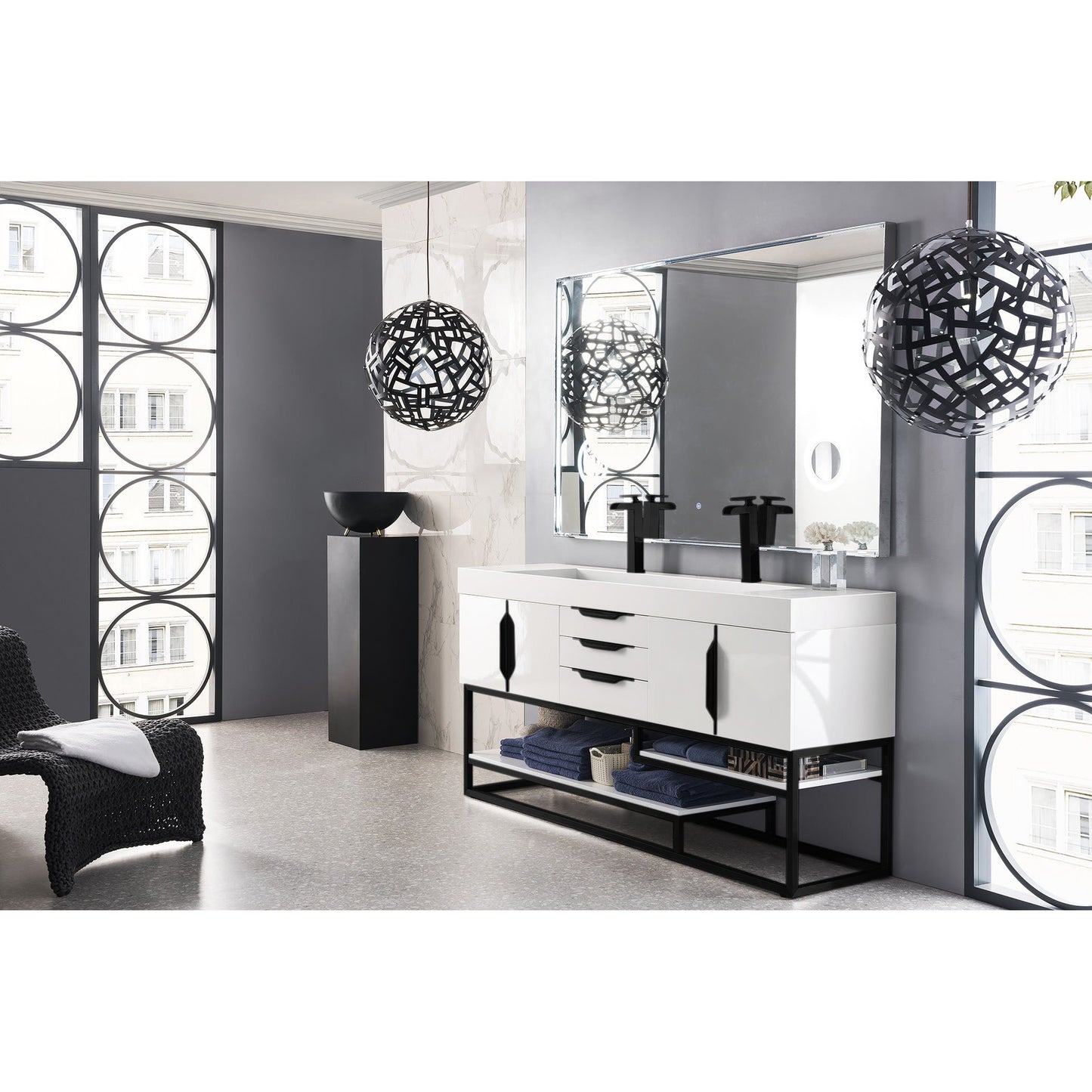 James Martin Vanities Columbia 72" Glossy White and Matte Black Double Vanity With Glossy White Composite Stone Top