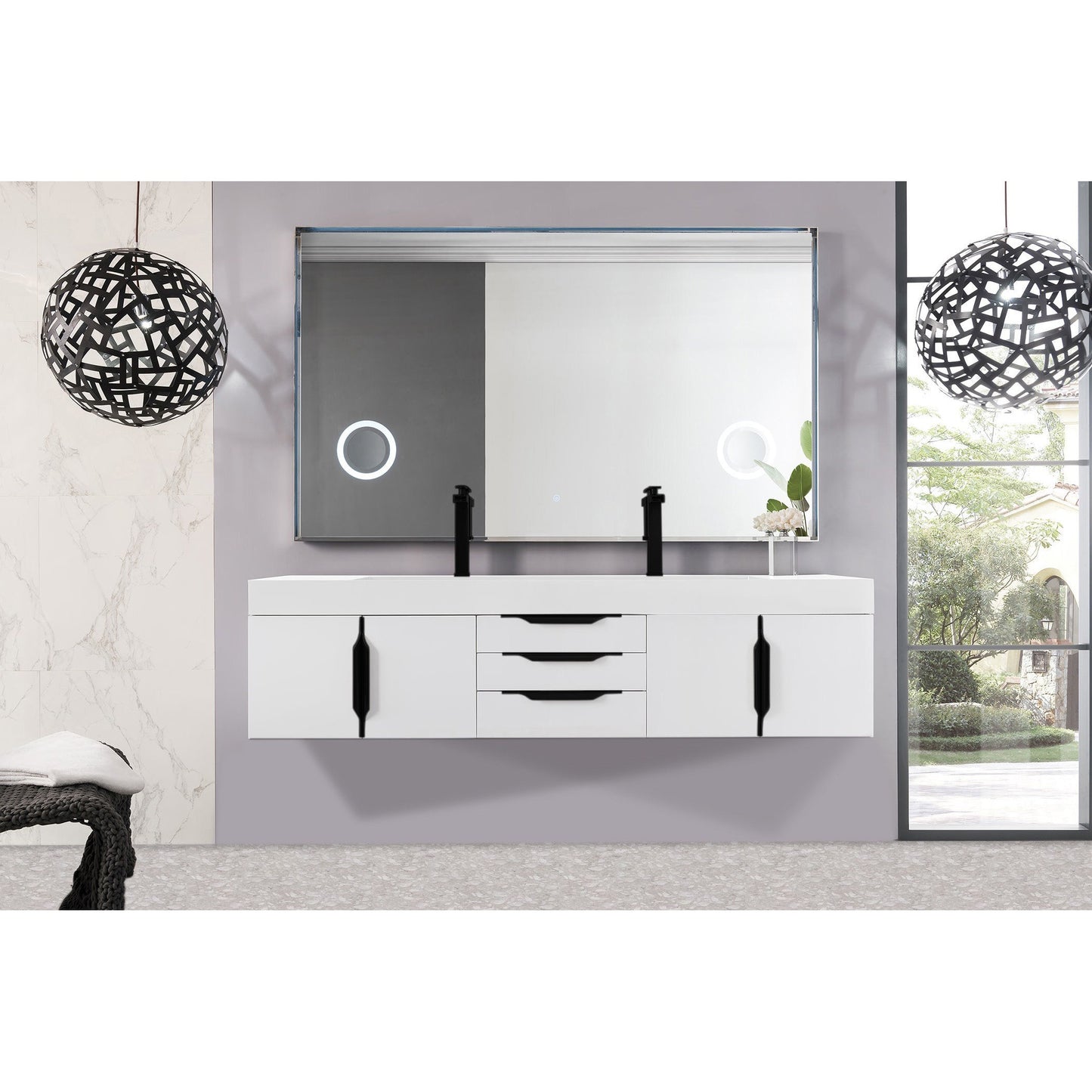 James Martin Vanities Columbia 72" Glossy White and Matte Black Double Wall Mount Vanity With Glossy White Composite Stone Top