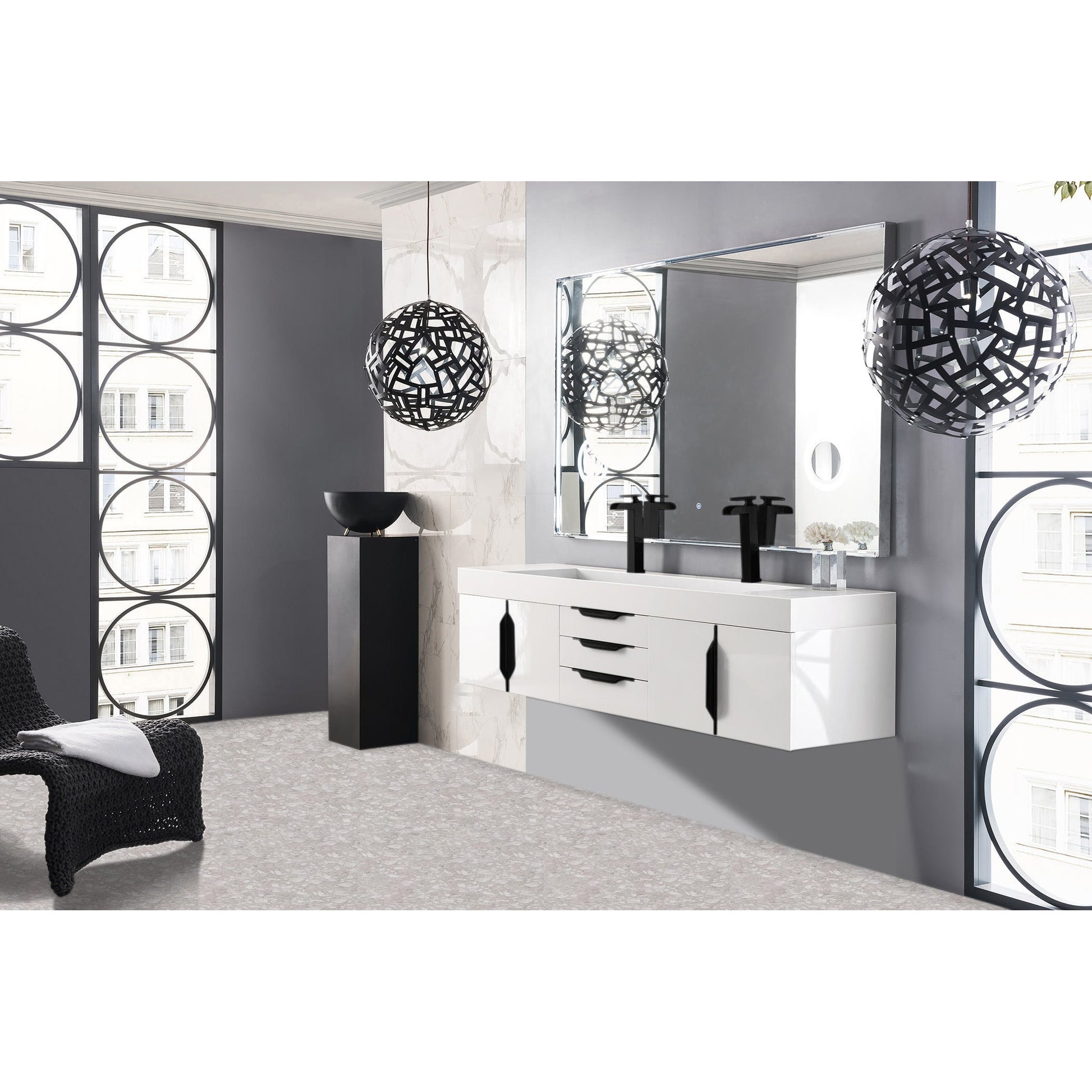 James Martin Vanities Columbia 72" Glossy White and Matte Black Double Wall Mount Vanity With Glossy White Composite Stone Top