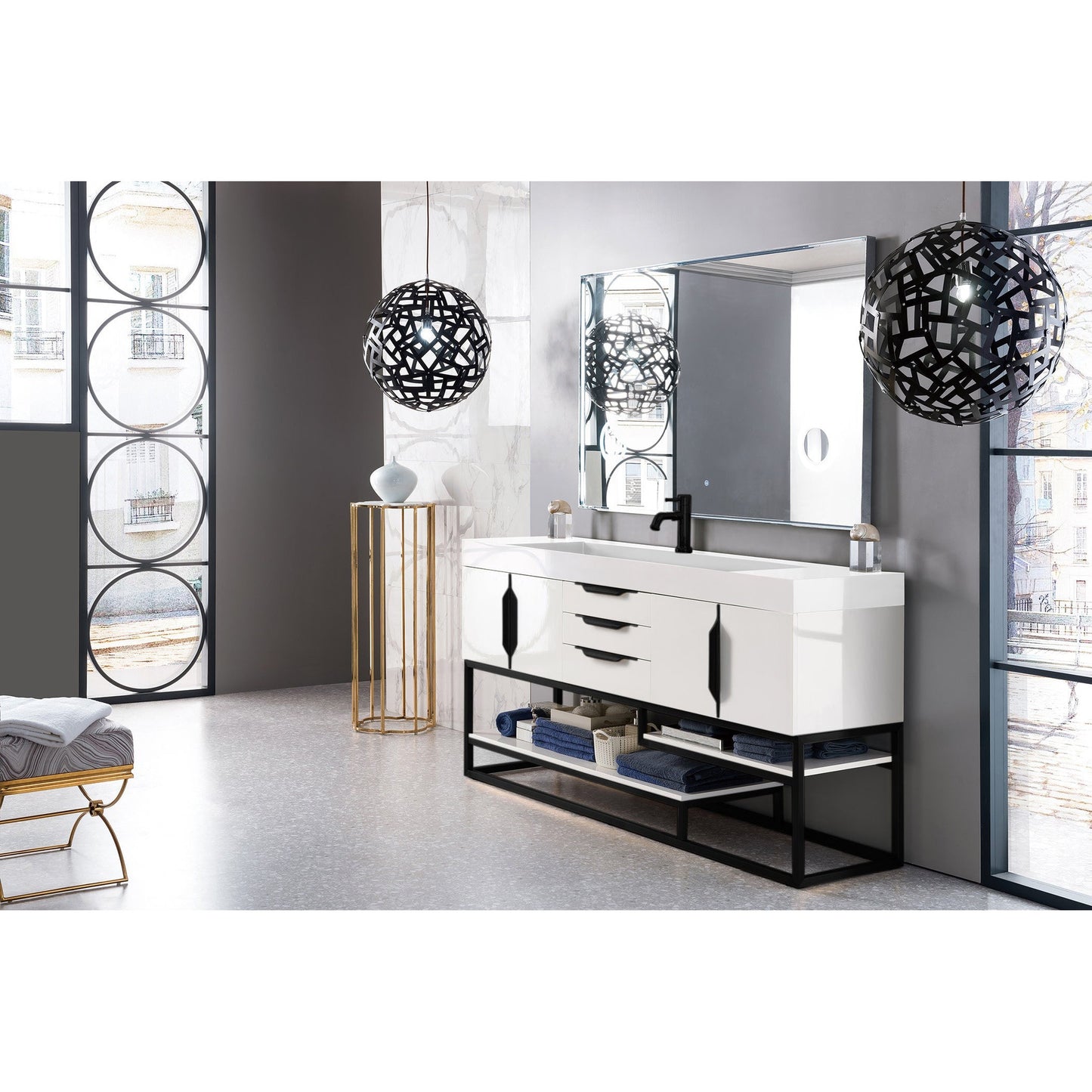 James Martin Vanities Columbia 72" Glossy White and Matte Black Single Vanity With Glossy White Composite Stone Top