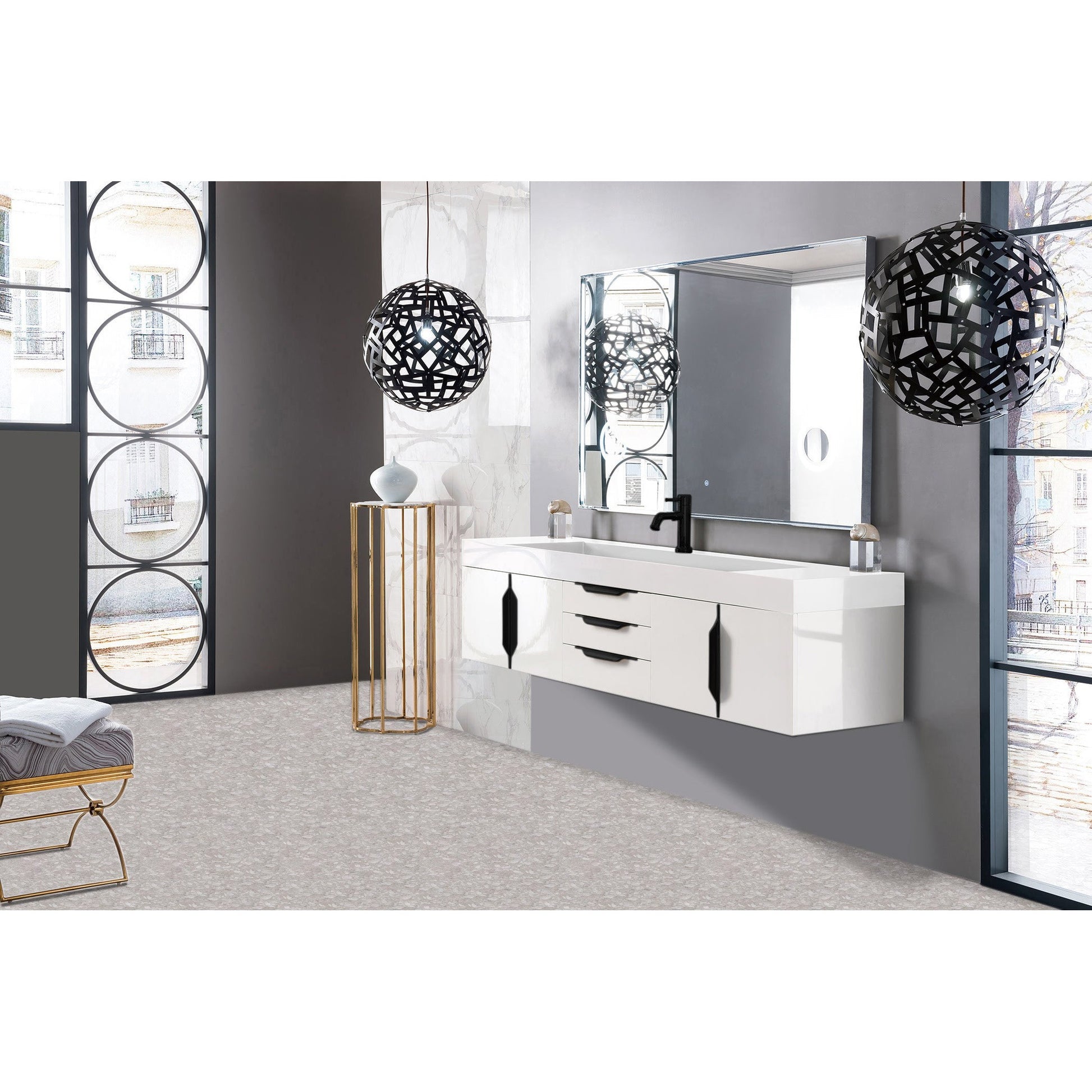 James Martin Vanities Columbia 72" Glossy White and Matte Black Single Wall Mount Vanity With Glossy White Composite Stone Top