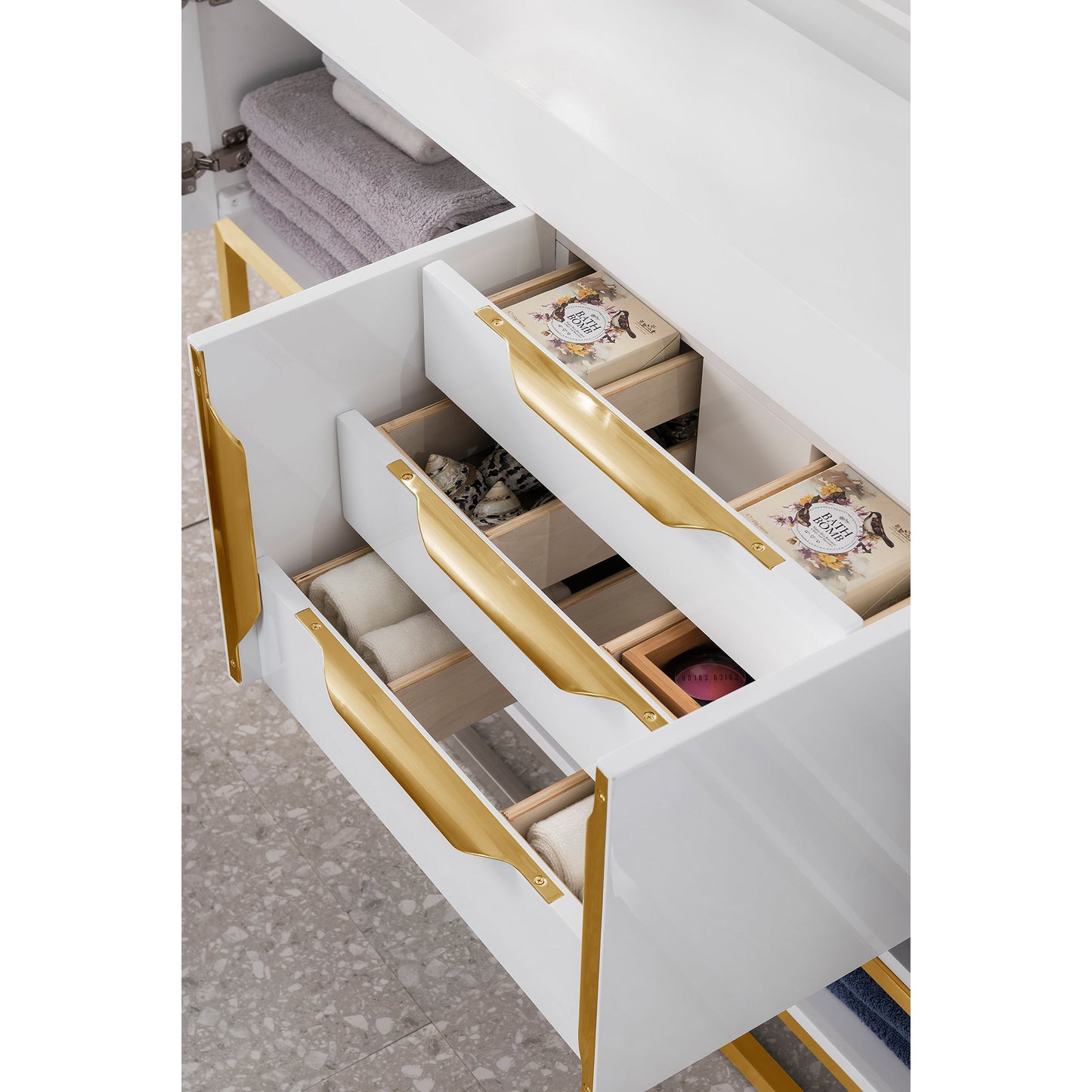 James Martin Vanities Columbia 72" Glossy White and Radiant Gold Double Vanity With Glossy White Composite Stone Top