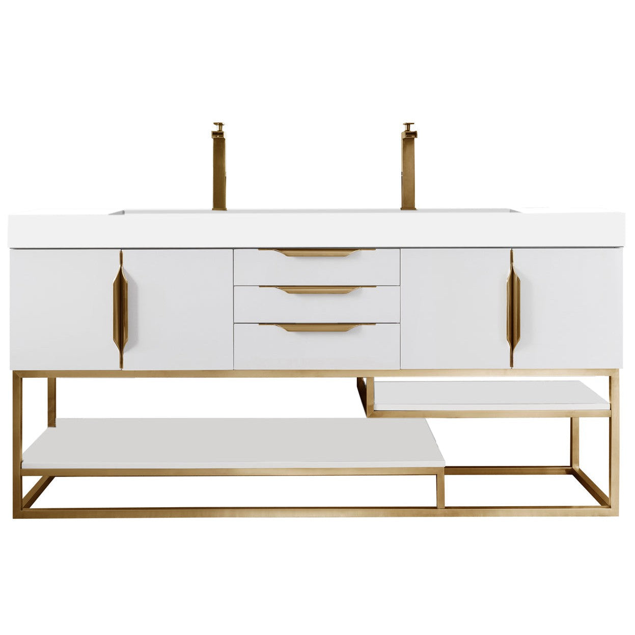 James Martin Vanities Columbia 72" Glossy White and Radiant Gold Double Vanity With Glossy White Composite Stone Top