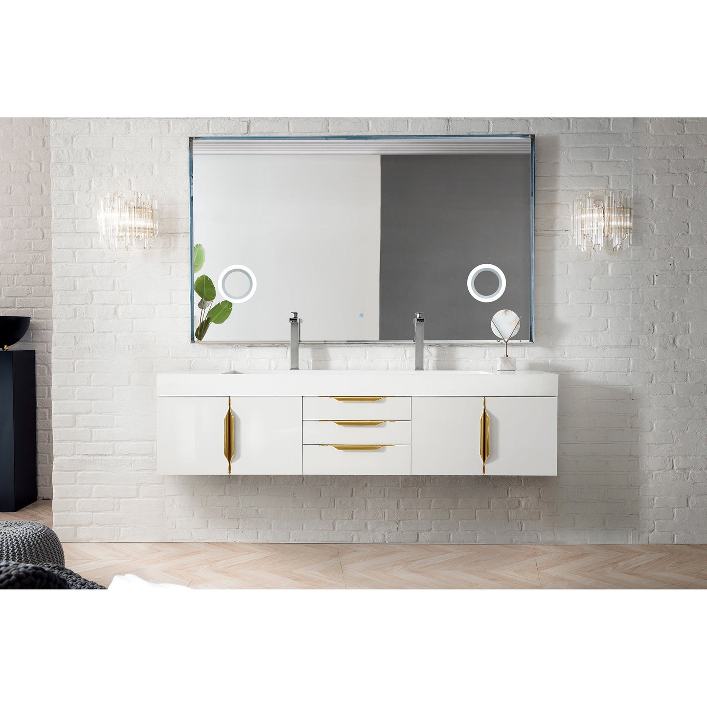 James Martin Vanities Columbia 72" Glossy White and Radiant Gold Double Wall Mount Vanity With Glossy White Composite Stone Top