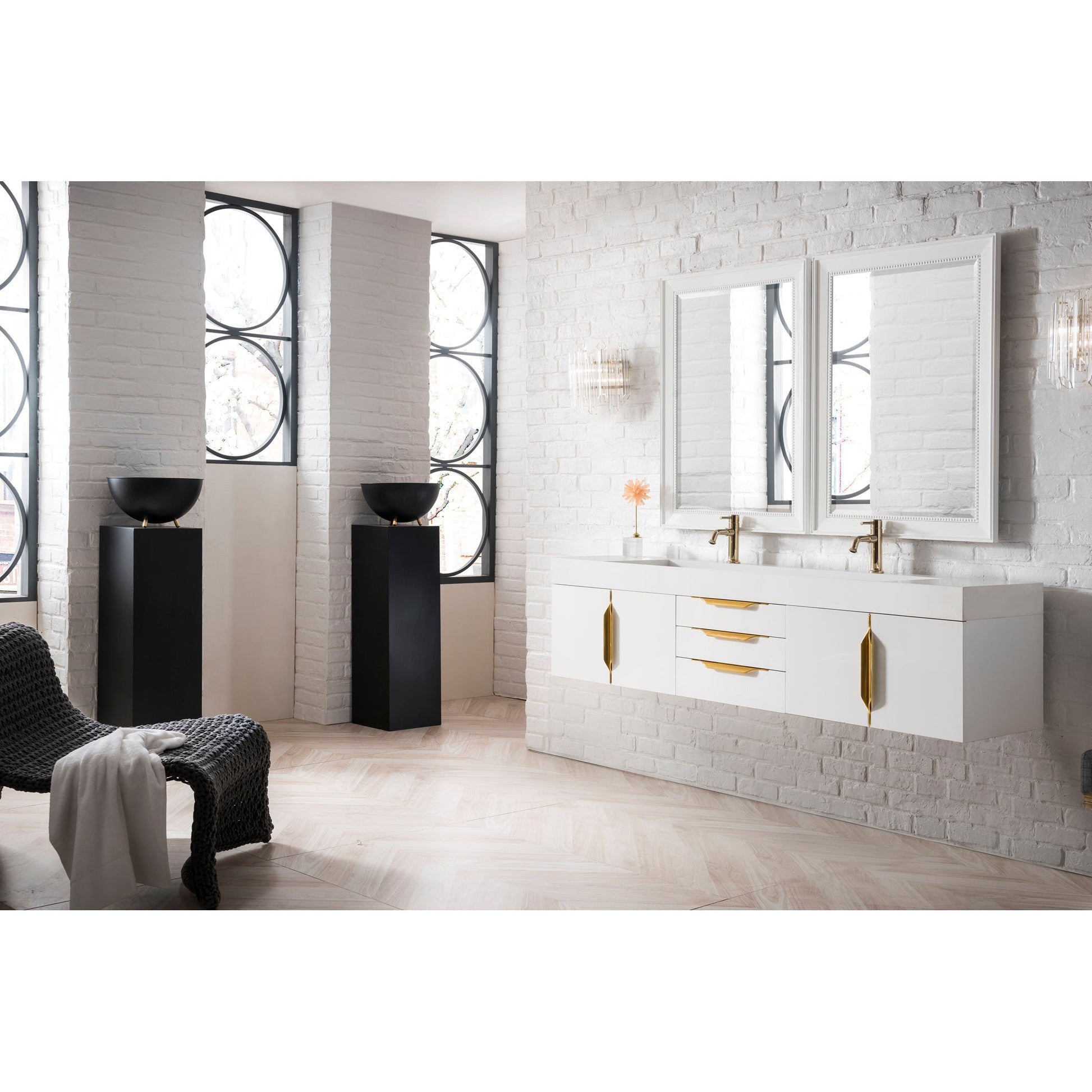 James Martin Vanities Columbia 72" Glossy White and Radiant Gold Double Wall Mount Vanity With Glossy White Composite Stone Top