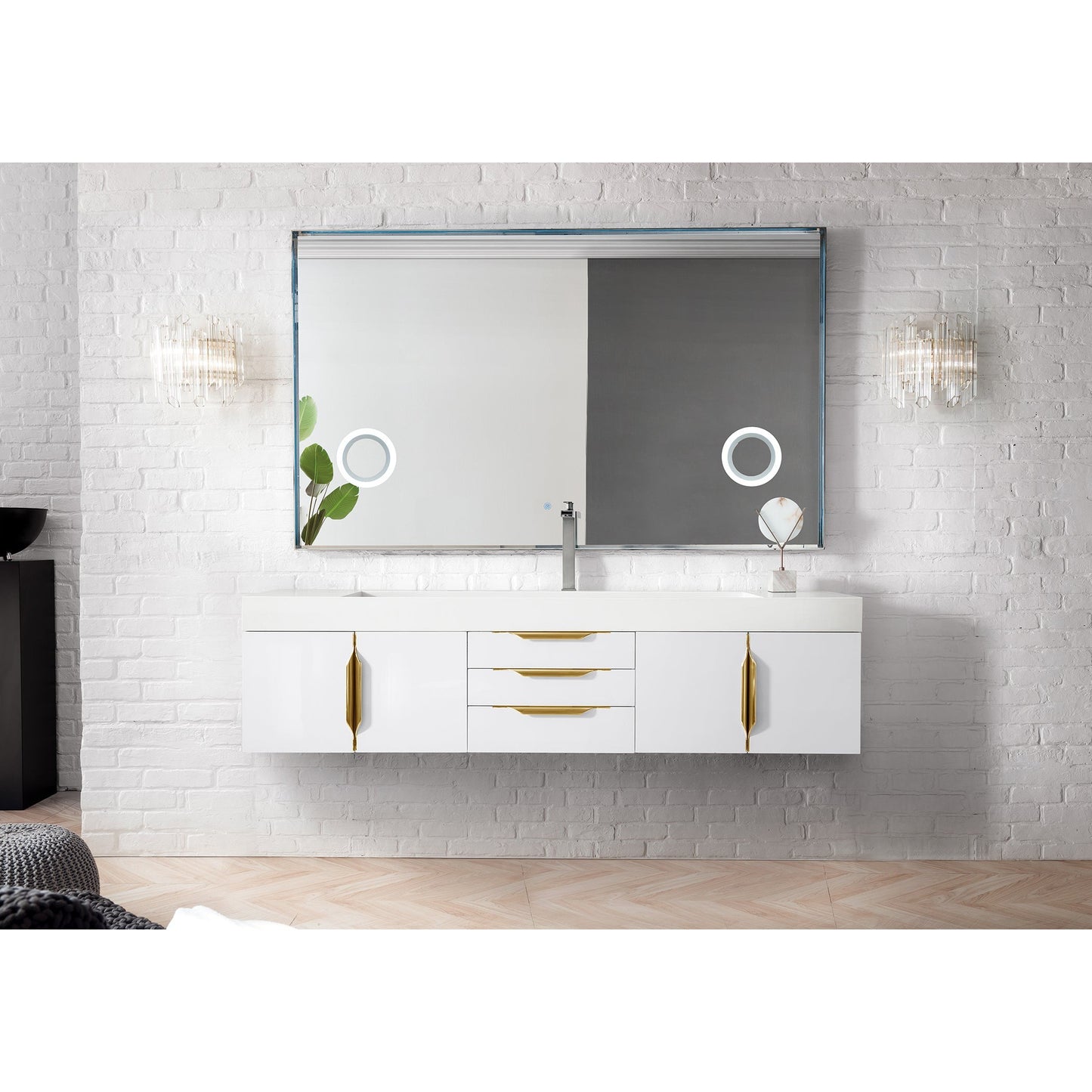 James Martin Vanities Columbia 72" Glossy White and Radiant Gold Single Wall Mount Vanity With Glossy White Composite Stone Top