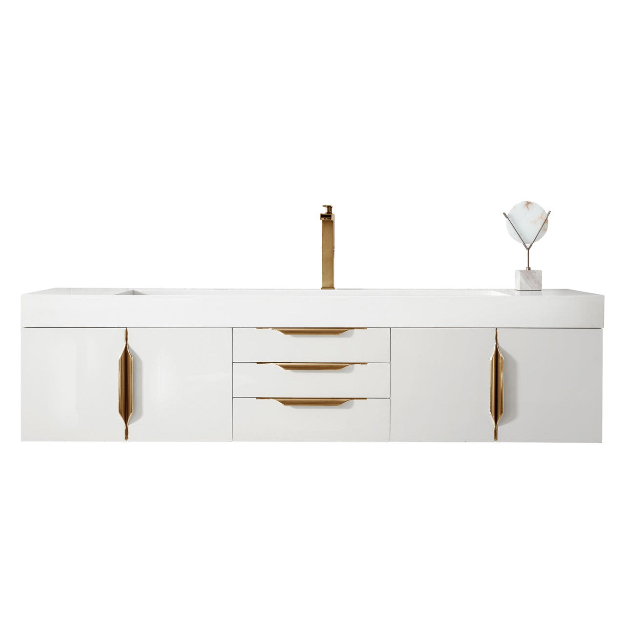 James Martin Vanities Columbia 72" Glossy White and Radiant Gold Single Wall Mount Vanity With Glossy White Composite Stone Top