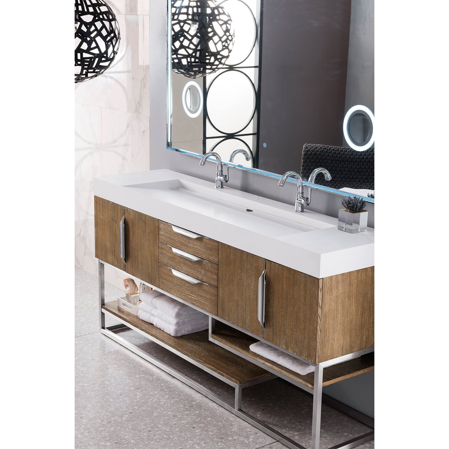 James Martin Vanities Columbia 72" Latte Oak and Brushed Nickel Double Vanity With Glossy White Composite Stone Top