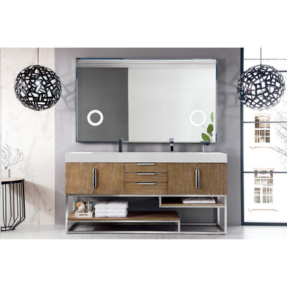 James Martin Vanities Columbia 72" Latte Oak and Brushed Nickel Double Vanity With Glossy White Composite Stone Top