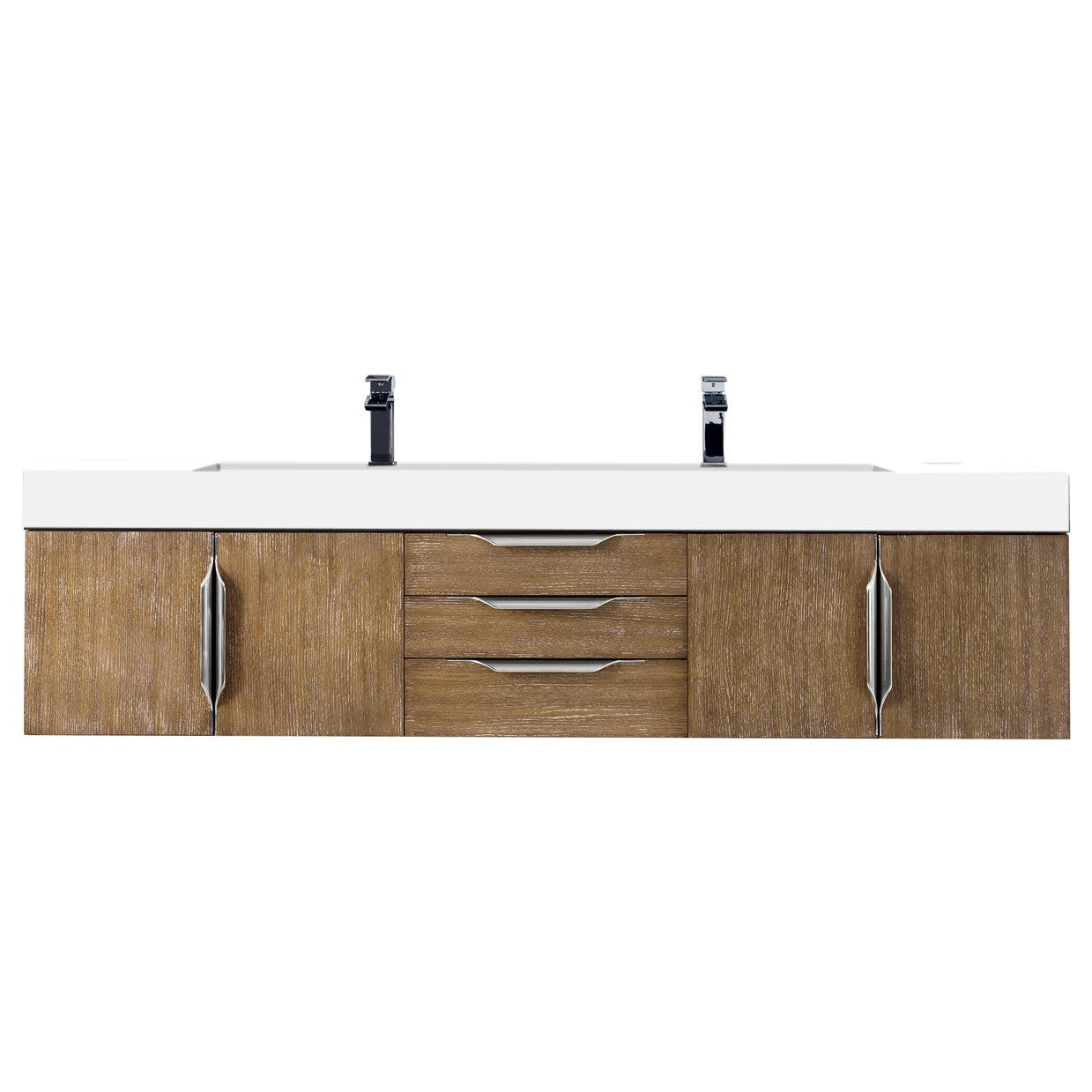 James Martin Vanities Columbia 72" Latte Oak and Brushed Nickel Double Wall Mount Vanity With Glossy White Composite Stone Top