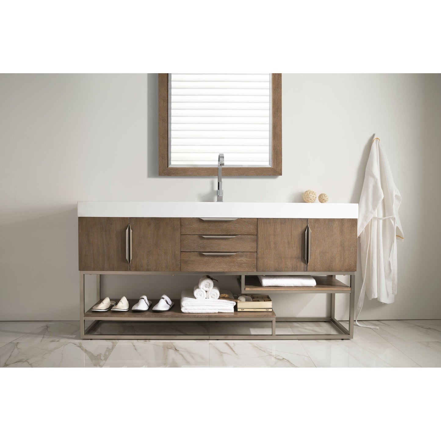 James Martin Vanities Columbia 72" Latte Oak and Brushed Nickel Single Vanity With Glossy White Composite Stone Top