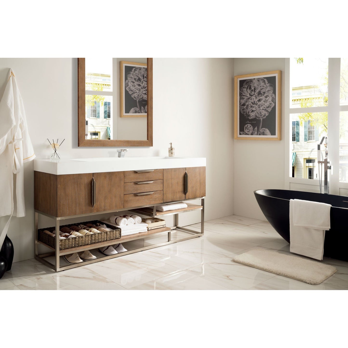 James Martin Vanities Columbia 72" Latte Oak and Brushed Nickel Single Vanity With Glossy White Composite Stone Top